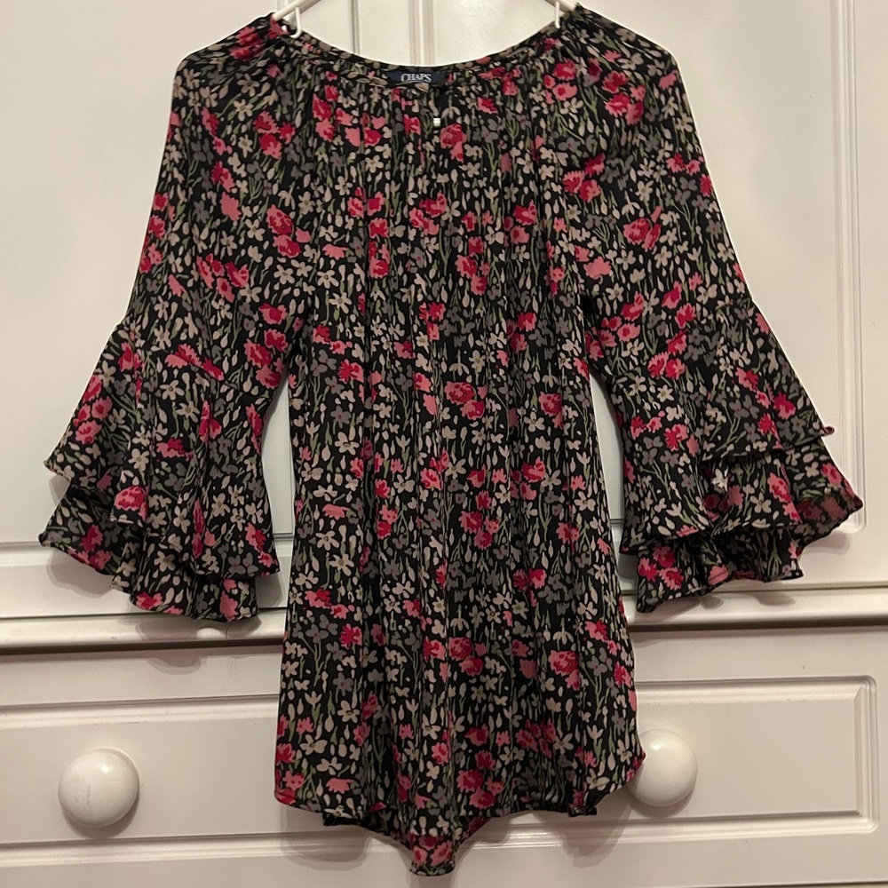Chaps Black Blouse with Pink Floral Design and Ruffle Sleeves